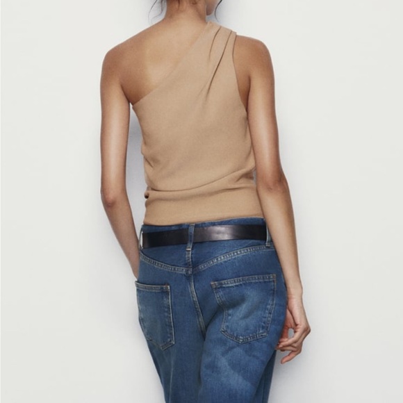 Zara NWT tan one shoulder top with asymmetrical hem & ruched side pleats - Picture 8 of 8
